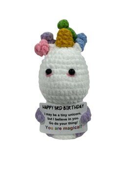 Crocheted Unicorn Plush With Rainbow Mane & "Happy 3rd Birthday" Message – Cute